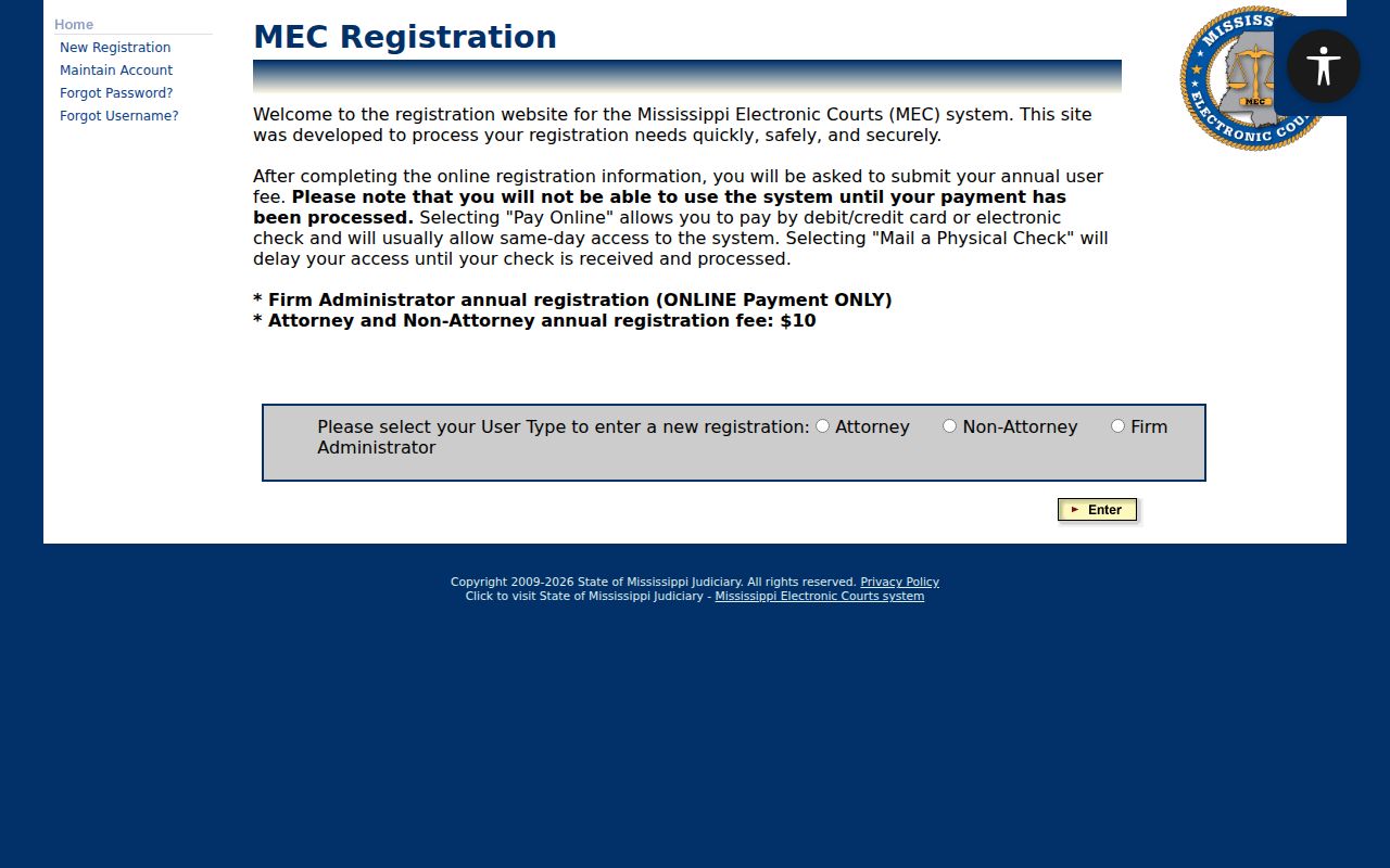 Mississippi Electronic Courts registration page, not a Clay County warrant search