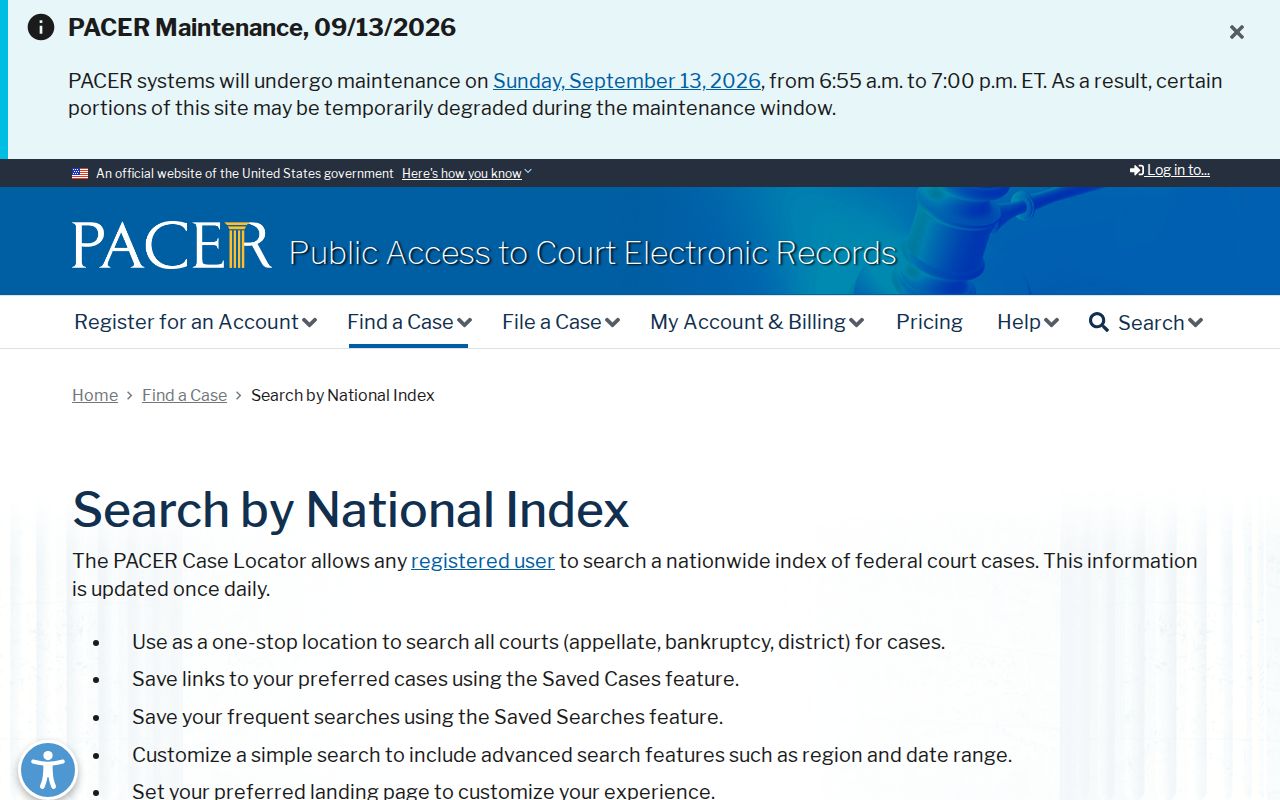 PACER national index page used for federal docket searches near Clay County warrant matters
