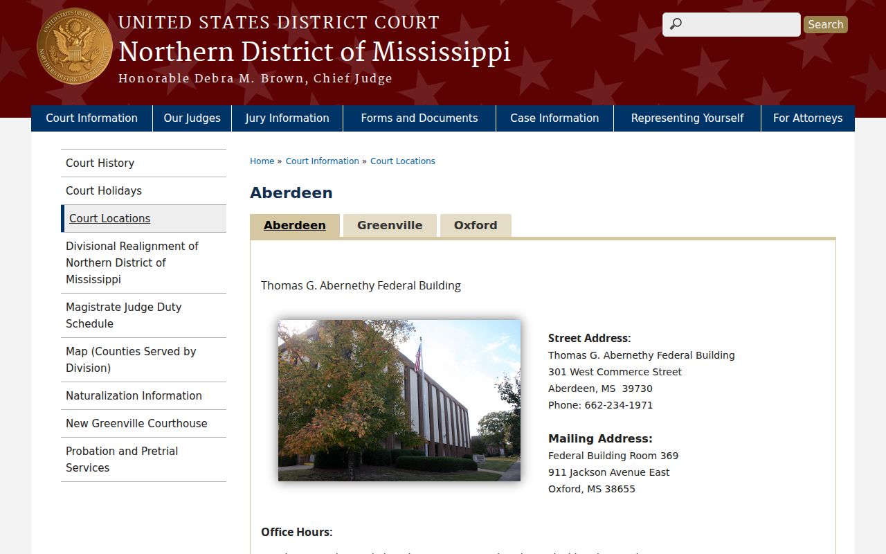 Northern District of Mississippi courthouse access page for Clay County federal warrant questions